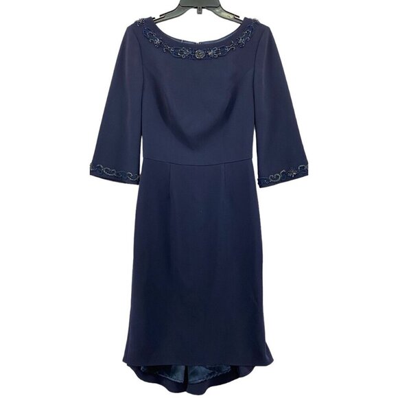 Lucian Matis Sz 4 Dress Beaded Waves Blue Mid Sleeve Cocktail Classic Minimalist - Picture 3 of 10